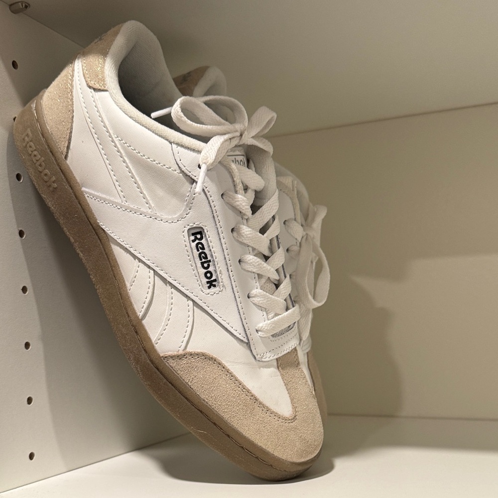 Reebok Classic White and Tan Shoes with Gold Glitter